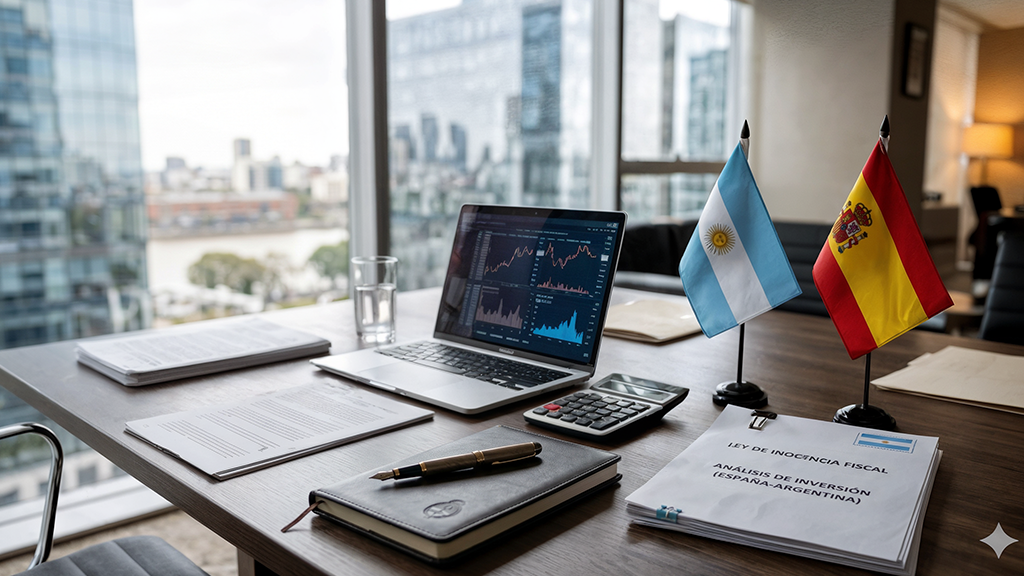 Mesa de trabajo empresarial con documentos fiscales, portátil y referencias a España y Argentina para ilustrar la Ley de Inocencia Fiscal argentina.