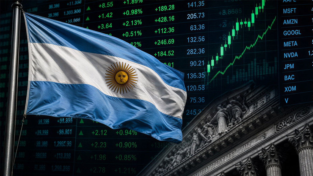 Bandera argentina ondeando sobre un panel de cotizaciones bursátiles con gráfico ascendente, símbolo de la mejora de calificación de Moody's a Argentina en 2026