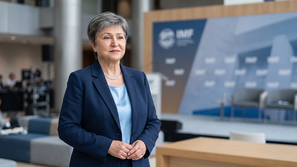 Representación editorial generada con inteligencia artificial de Kristalina Georgieva, Directora Gerente del FMI, vinculada al análisis económico de Argentina.