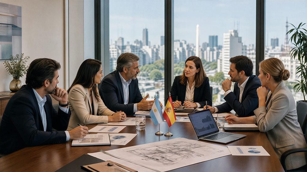 Reunión empresarial entre representantes de España y Argentina para analizar inversiones y oportunidades de negocio en Buenos Aires.